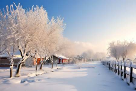 Sunny winter village. snow scenery. Generate AIの素材
