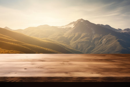 wooden table mountain. view floor. Generate AIの素材