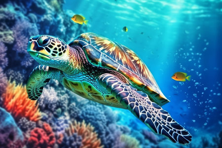 Turtle swim sea. coral dive. Generate AIの素材