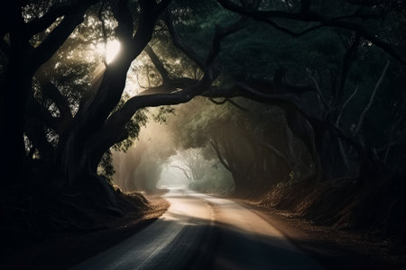 Route journey amidst tree at morning. summer nature. Generate AIの素材