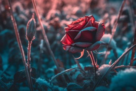 Frozen red rose in the field. flower garden. Generate AIの素材