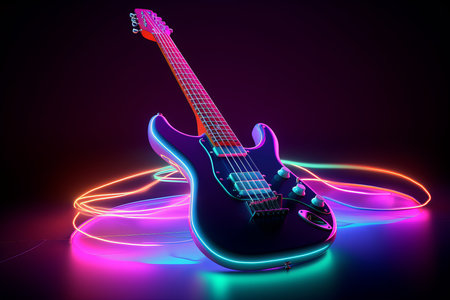 Guitar neon laser. String roll. Generate AIの素材