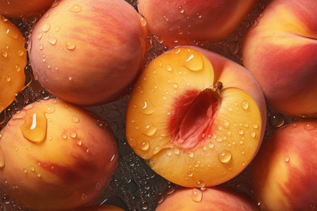 Peach water drop background. nature fresh ripe. Generate AIの素材