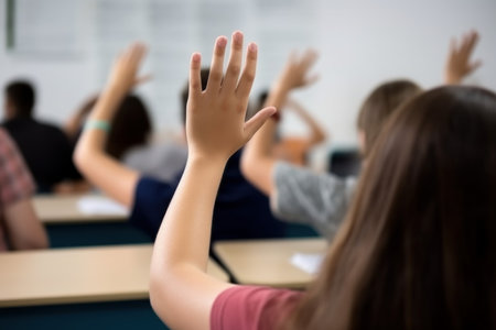 Student raised hand classroom. study ask. fictional person. Generate AIの素材
