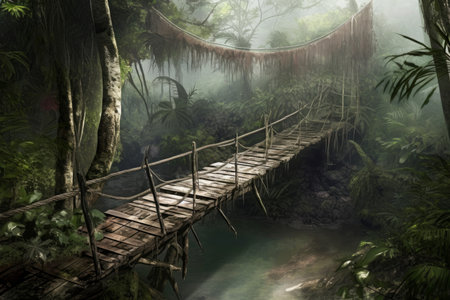 Jungle bridge after rain. nature park. Generate AIの素材