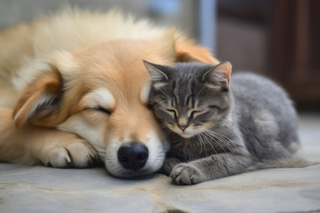 Cat on dog sleeping. happy kitten. Generate AIの素材