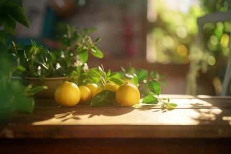 Fresh lemon on table. wooden harvest. Generate AIの素材