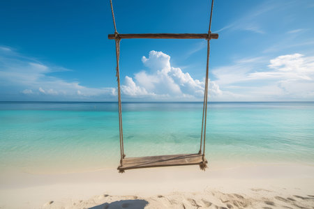 Hanging tropical swing. Ocean swing sand. Generate AIの素材