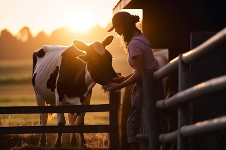 Woman cow farm. Animal mammal. fictional person. Generate AIの素材