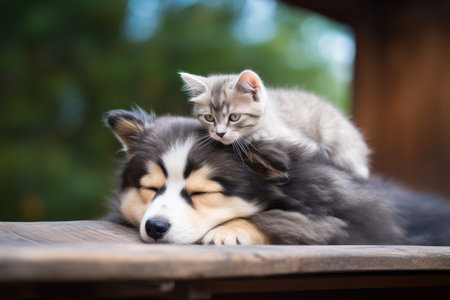 Cat on sleeping dog. animal canine. Generate AIの素材