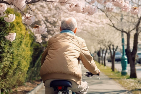 Senior man city bike. Active outdoors. fictional person. Generate AIの素材