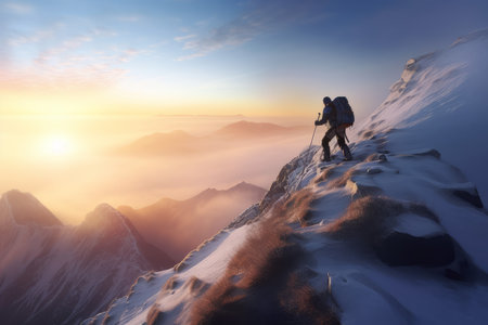 Man climbing mountains. Top hike peak. fictional person. Generate AIの素材