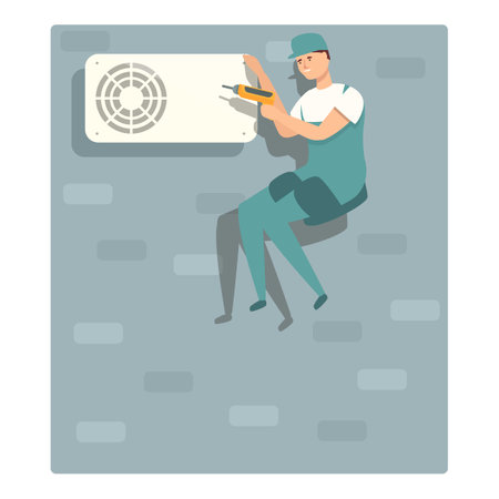 Outdoor install air conditioner icon cartoon vector. Repair house. Person wallのイラスト素材