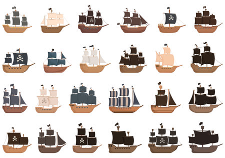 Pirate ship icons set cartoon vector. Wreck boat. Old sunkenのイラスト素材