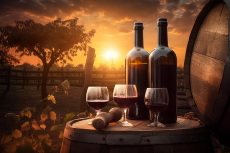 Vineyard wine bottle at barrel. nature sunset. Generate AIの素材