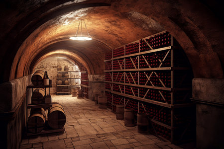 Wine cellar with racks. Shelf rack. Generate AIの素材
