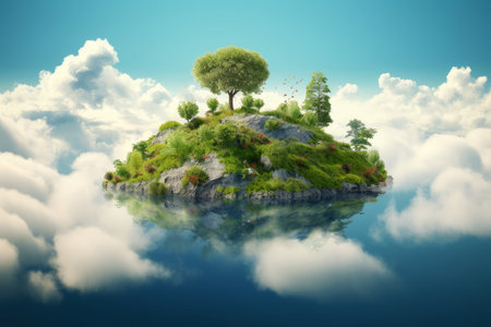 Fresh garden floating green island. Jungle summer. Generate AIの素材