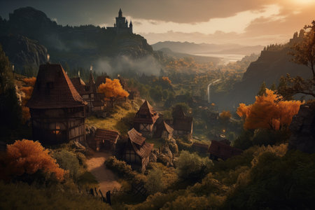 Fantasy landscape town. Art house green. Generate AIの素材