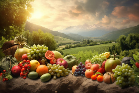 Fruit vegetable landscape. nature spring field. Generate AIの素材