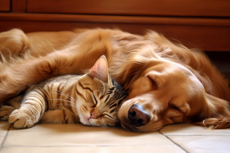 Cat dog sleeping home. Funny hug. Generate AIの素材