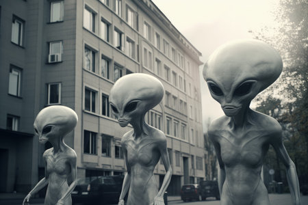 Aliens in a city. Futuristic fiction attack. Generate AIの素材