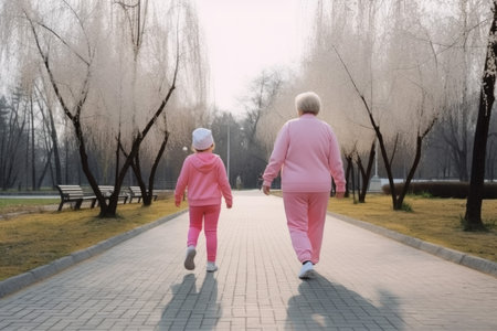 Back view granddaughter and grandmother. Old leisure. Generate AIの素材