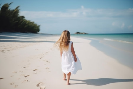 Adorable little girl. Travel sand vacation. Generate AIの素材