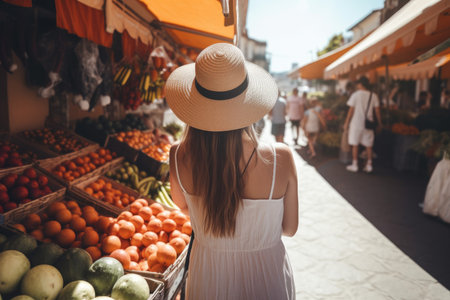 Back view woman shopping food. organic happy. Generate AIの素材