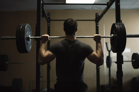 Back view man lifting weights. training sport. Generate AIの素材