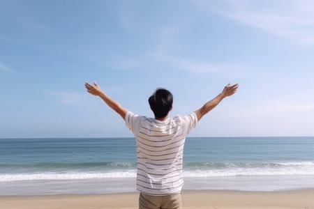 Back view of happy man. vacation young. Generate AIの素材