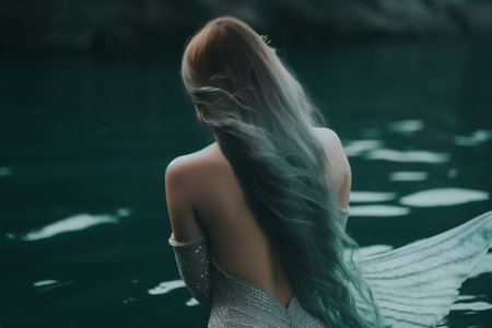 Back view mermaid sea. Tail creature magic. Generate AIの素材
