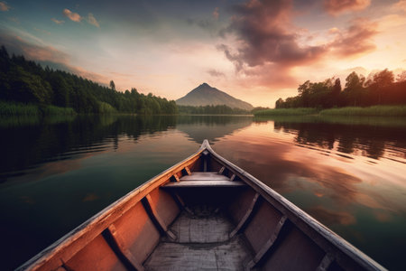 Boat on river mountains travel. holiday sky. Generate AIの素材