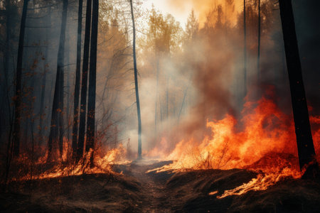 Burning forest fire. natural wildfire. Generate AIの素材