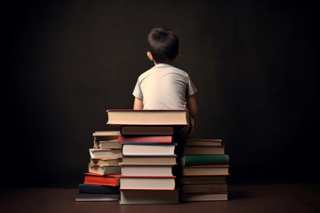 Back view kid pile books. book education. Generate AIの素材