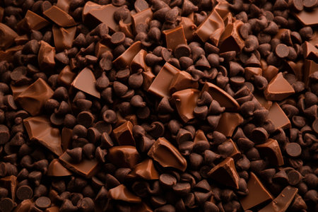 Chocolate chips background sweet food. candy piece. Generate AIの素材