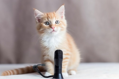 Cute smart cat near microphone. Funny pet. Generate AIの素材