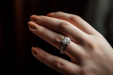 Engagement ring on woman finger. diamond stone. Generate AIの素材