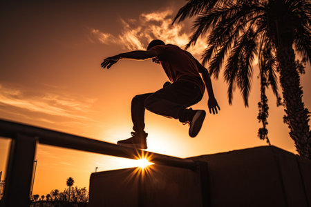 Man parkour sunset. sport adventure. Generate AIの素材