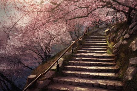 Spring winding stairs mountains. flower tree. Generate AIの素材