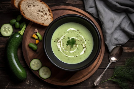 Tasty zucchini cream soup. spring food. Generate AIの素材
