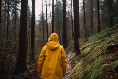 Woman yellow coat hiking. Female trip tourism. Generate AIの素材