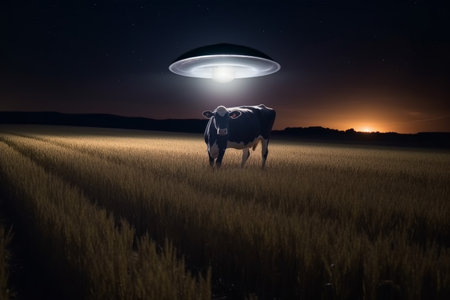 Ufo abducting cow field. animal nature. Generate AIの素材
