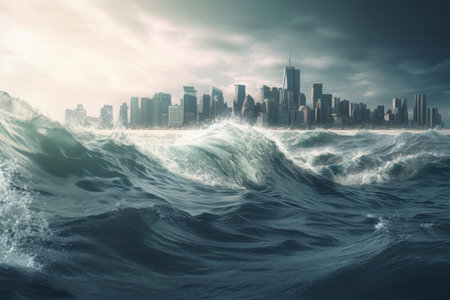 Big wave going city. travel sky. Generate AIの素材