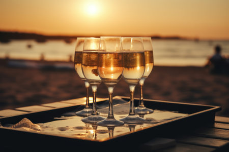 Champagne glasses beach travel. Holiday romantic. Generate AIの素材