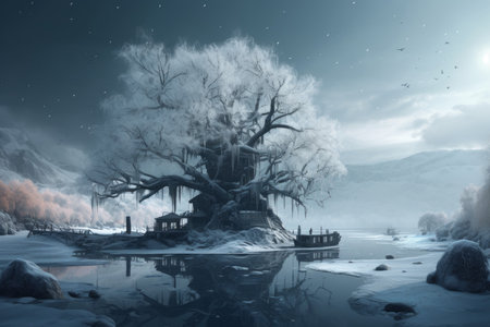Creative winter landscape tree. nature scene. Generate AIの素材