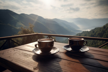 Coffee mountains on table drink. morning cafe. Generate AIの素材