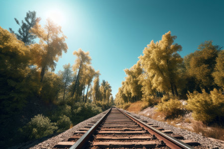 forest trees railroad. Rail forest sky. Generate AIの素材