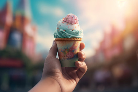 Holding ice cream cup. Cold color food. Generate AIの素材