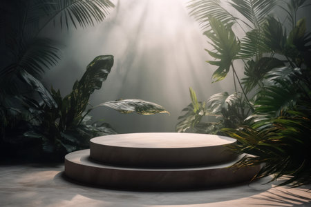 Marble podium. leaf plant product. Generate AIの素材
