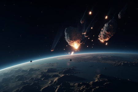 Meteors hit earth. Hit explosion globe. Generate AIの素材